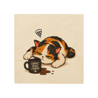 Grumpy Calico Cat - Coffee spoke Wood Wall Art