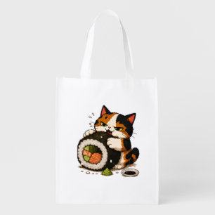 Grumpy Calico Cat Sushi Lover Grocery Bag