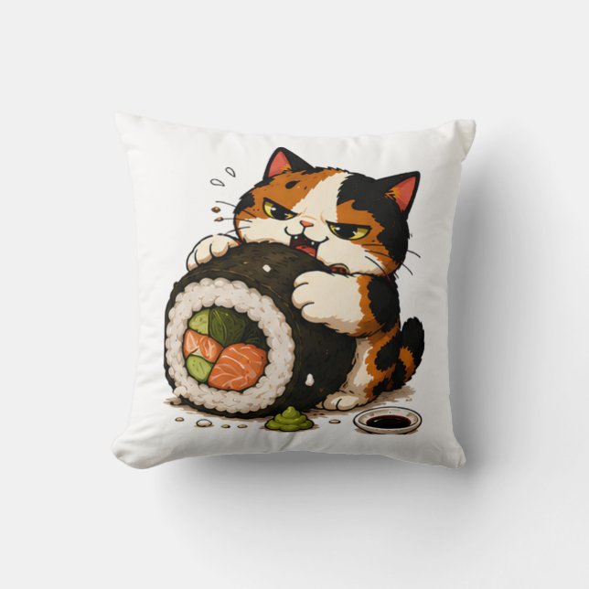 Grumpy Calico Cat Sushi Lover  Throw Pillow (Front)