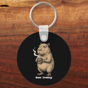 Grumpy Capybara Coffee Vintage Ink Sketch Keychain