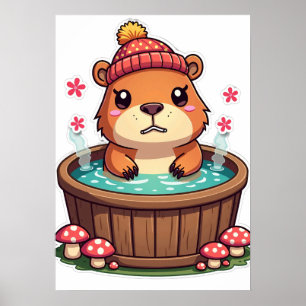 Grumpy Capybara Hot Tub Kawaii Mushroom Sticker Ar Poster