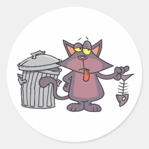 Grumpy Cartoon Cat Eating Fish Skeleton Classic Round Sticker