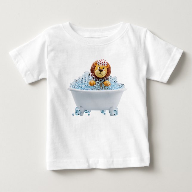 Grumpy Cartoon Lion Taking a Bubble Bath 3D Illust Baby T-Shirt (Front)