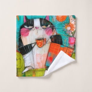Grumpy Cat Drinking Coffee In Armchair Bath Towel Set