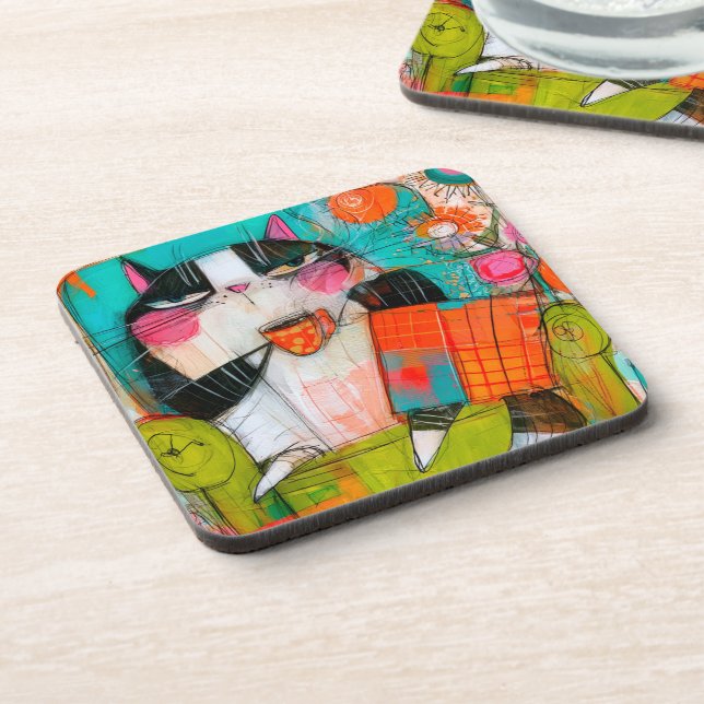 Grumpy Cat Drinking Coffee In Armchair Beverage Coaster (Left Side)