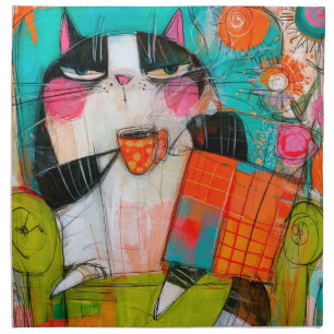 Grumpy Cat Drinking Coffee In Armchair Cloth Napkin