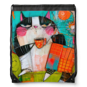 Grumpy Cat Drinking Coffee In Armchair Drawstring Bag