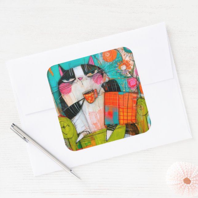 Grumpy Cat Drinking Coffee In Armchair Square Sticker (Envelope)