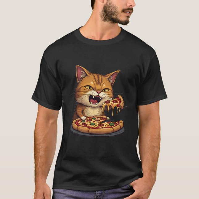 Grumpy Cat Eats Pizza: Funny Cat T-Shirt (Front)