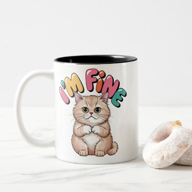 Grumpy Cat "I'm Fine" Funny Cartoon Shirt Two-Tone Coffee Mug (With Donut)