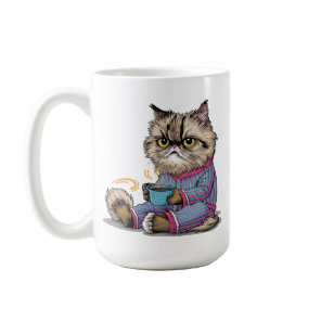 Grumpy Cat in Pajamas with Coffee Mug