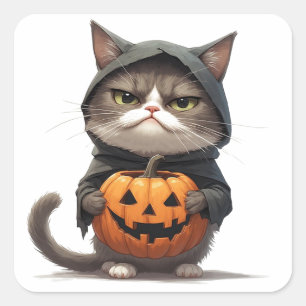 Grumpy Cat In Pumpkin Witch Costume Halloween 🎃 Square Sticker
