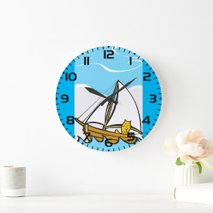 Grumpy Cat on a Sailboat Funny Nautical Cartoon Large Clock