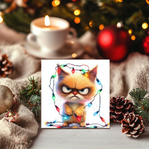Grumpy Cat Tangled in Christmas Lights Holiday Card
