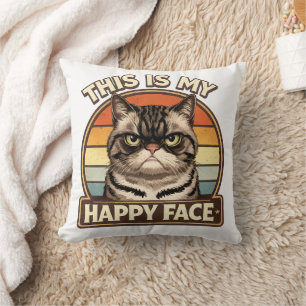 Grumpy Cat "This Is My Happy Face" Funny Retro Throw Pillow
