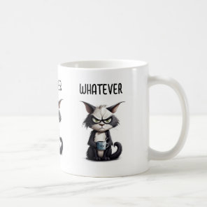 Grumpy cat with cup of coffee