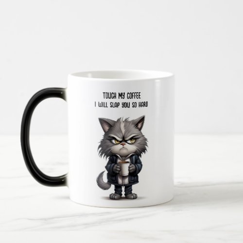 Grumpy cat with cup of coffee