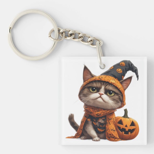 Grumpy Cat With Jack O Lantern Companion 🎃 Keychain (Front)