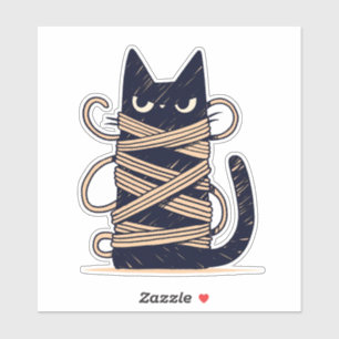 Grumpy Chibi Black Cat Tangled in Yarn Sticker