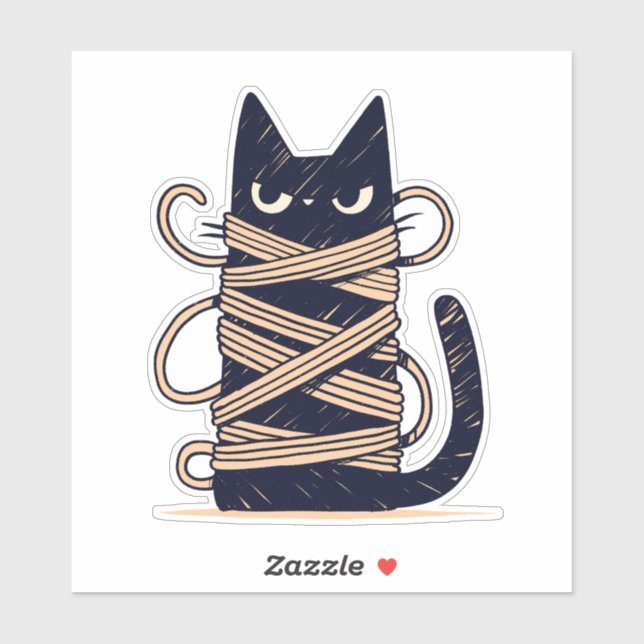 Grumpy Chibi Black Cat Tangled in Yarn Sticker (Sheet)