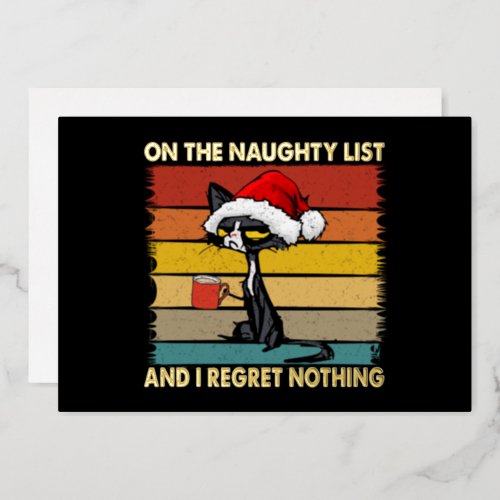 Grumpy Christmas Cat on the Naughty List Gold Foil Holiday Card