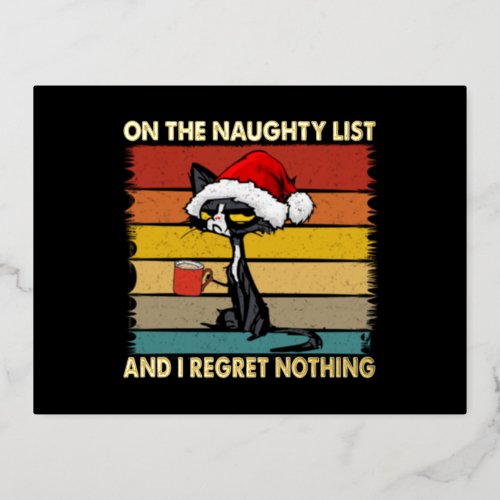 Grumpy Christmas Cat on the Naughty List Gold Foil Holiday Postcard