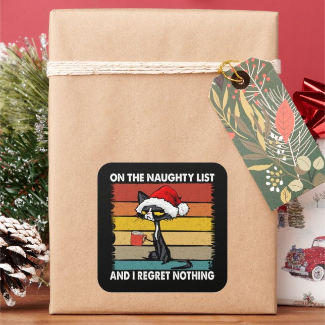 Grumpy Christmas Cat on the Naughty List Square Sticker (Holiday)