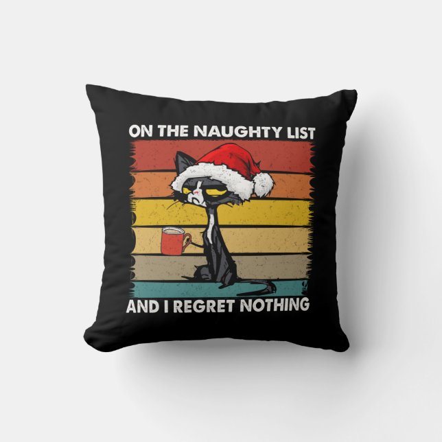 Grumpy Christmas Cat on the Naughty List Throw Pillow (Front)