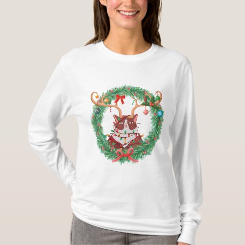 Grumpy Christmas Cat Reindeer Wreath Long Sleeved T_Shirt