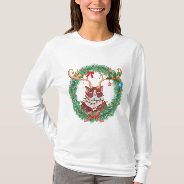 Grumpy Christmas Cat Reindeer Wreath Long Sleeved T-Shirt (Front)