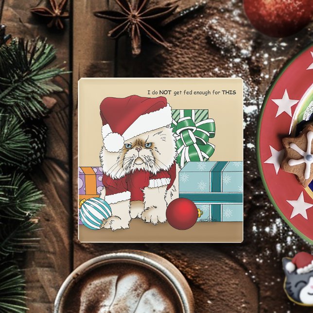 Grumpy Christmas Cat Santa Funny Holiday Glass Coaster (Creator Uploaded)