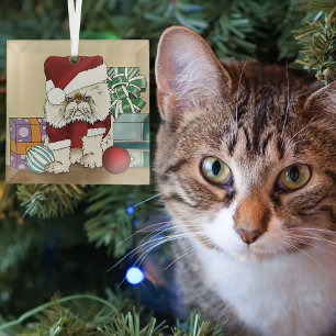 Grumpy Christmas Cat Santa Funny Holiday Glass Ornament