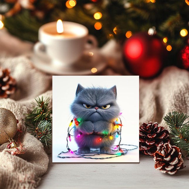 Grumpy Christmas Cat with Colorful Lights Holiday Card (Creator Uploaded)