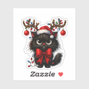 Grumpy Christmas Cat with Santa Hat and Antlers Sticker