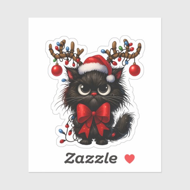 Grumpy Christmas Cat with Santa Hat and Antlers Sticker (Sheet)