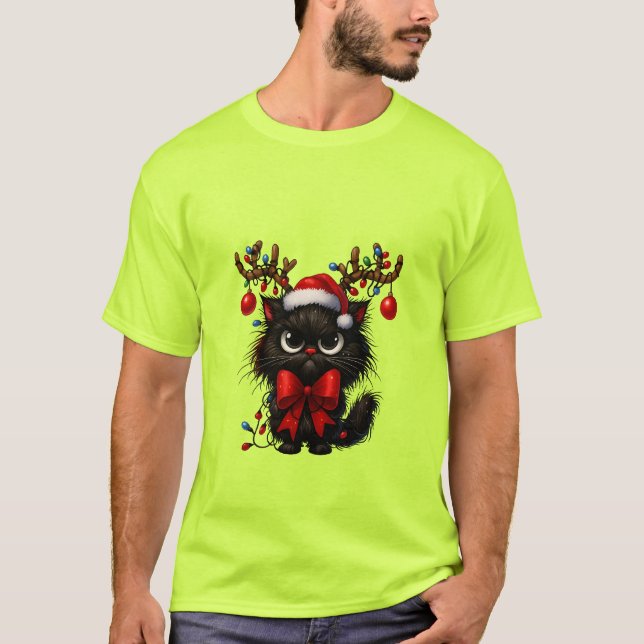 Grumpy Christmas Cat with Santa Hat and Antlers T-Shirt (Front)