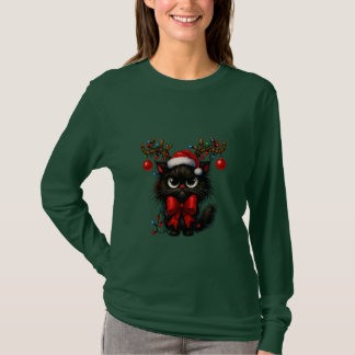 Grumpy Christmas Cat with Santa Hat and Antlers T-Shirt