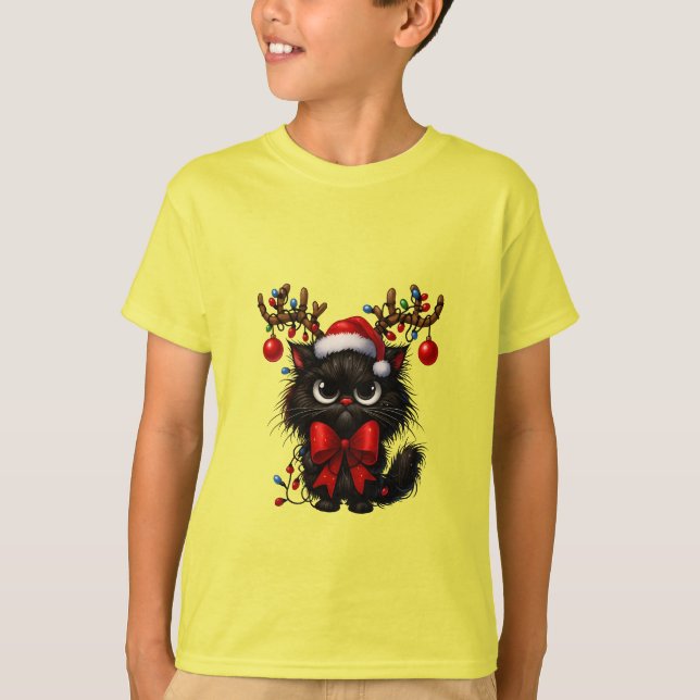 Grumpy Christmas Cat with Santa Hat and Antlers T-Shirt (Front)