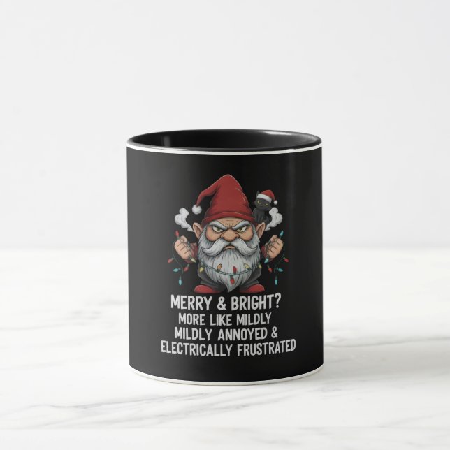 Grumpy Christmas Gnome Tangled Lights Black Cat  Mug (Center)