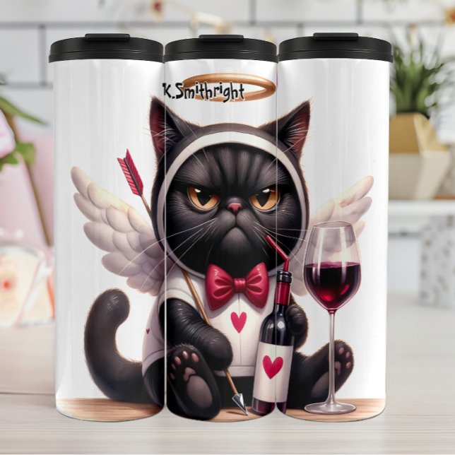 Grumpy Cupid Cat with Wine Thermal Tumbler (Creator Uploaded)