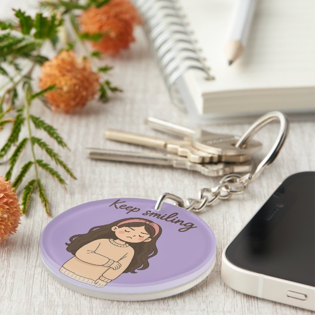 Grumpy Cute Girl Sticker – Long Hair & Oversized  Keychain (Front Right)