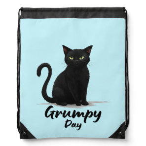 Grumpy Day with Black Cat Drawstring Bag