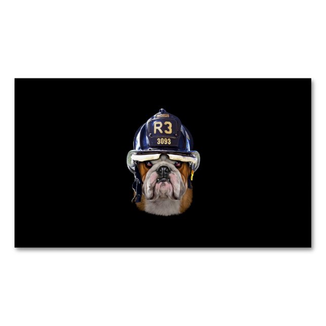 Grumpy English Bulldog Wearing Firefighter Helmet Business Card Magnet (Front)