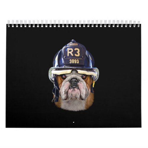 Grumpy English Bulldog Wearing Firefighter Helmet Calendar