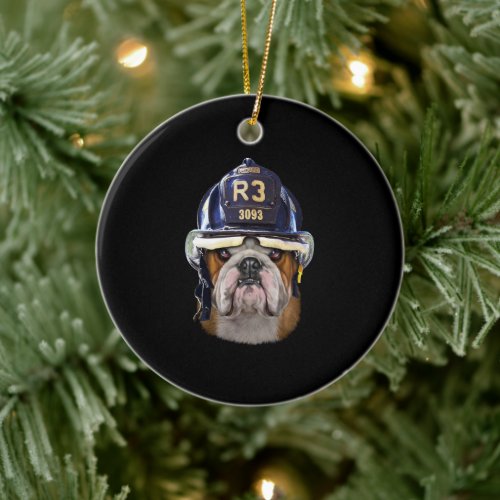 Grumpy English Bulldog Wearing Firefighter Helmet Ceramic Ornament