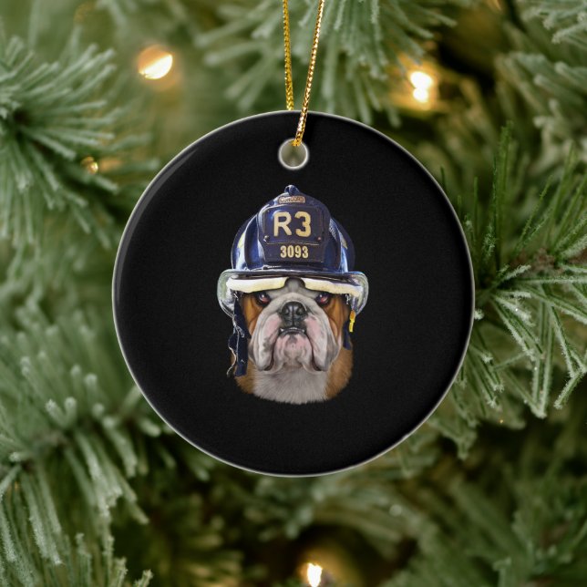 Grumpy English Bulldog Wearing Firefighter Helmet Ceramic Ornament (Tree)