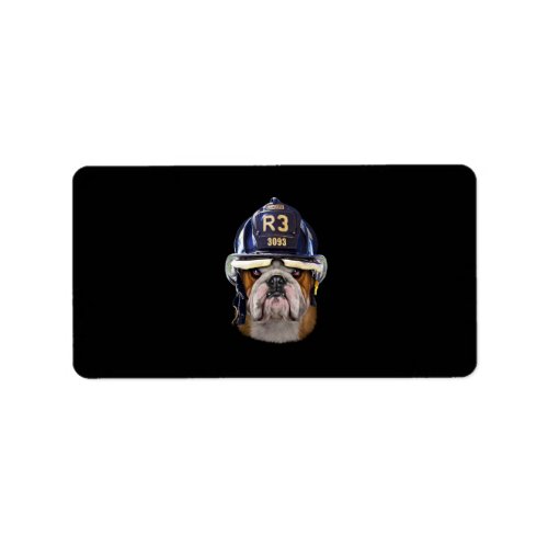 Grumpy English Bulldog Wearing Firefighter Helmet Label