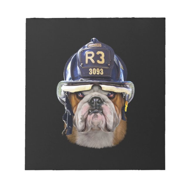 Grumpy English Bulldog Wearing Firefighter Helmet Notepad (Front)