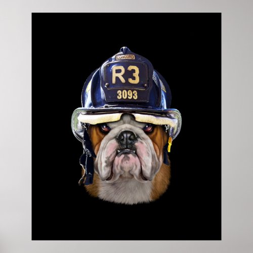 Grumpy English Bulldog Wearing Firefighter Helmet Poster