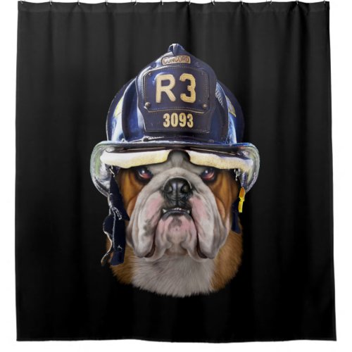 Grumpy English Bulldog Wearing Firefighter Helmet Shower Curtain